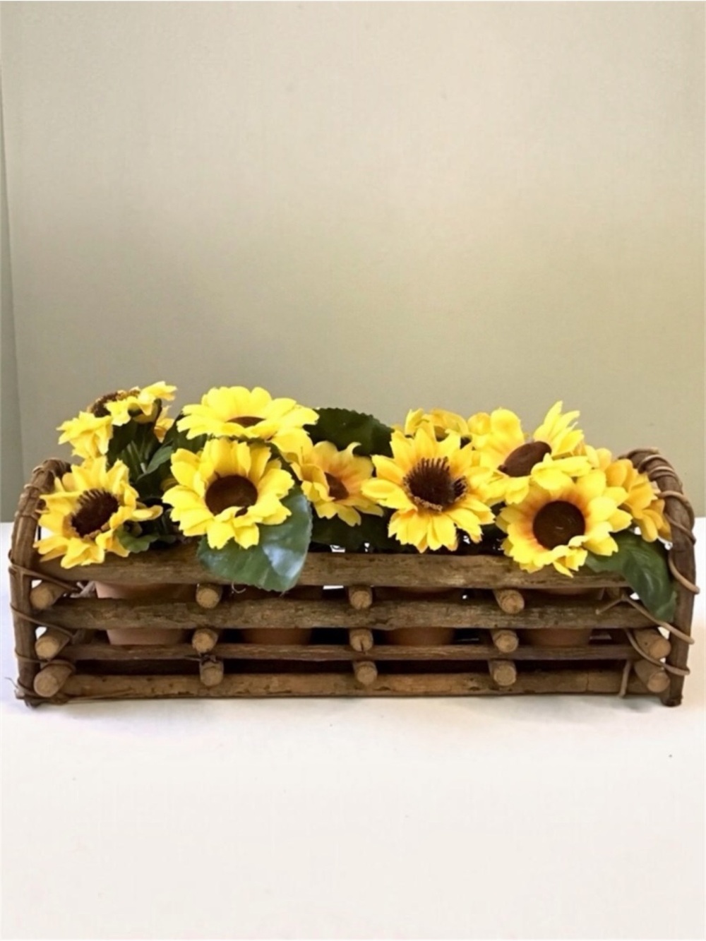 Twig Stick Basket & Mini Terracotta Pots Artificial Flowers Primitive Rustic